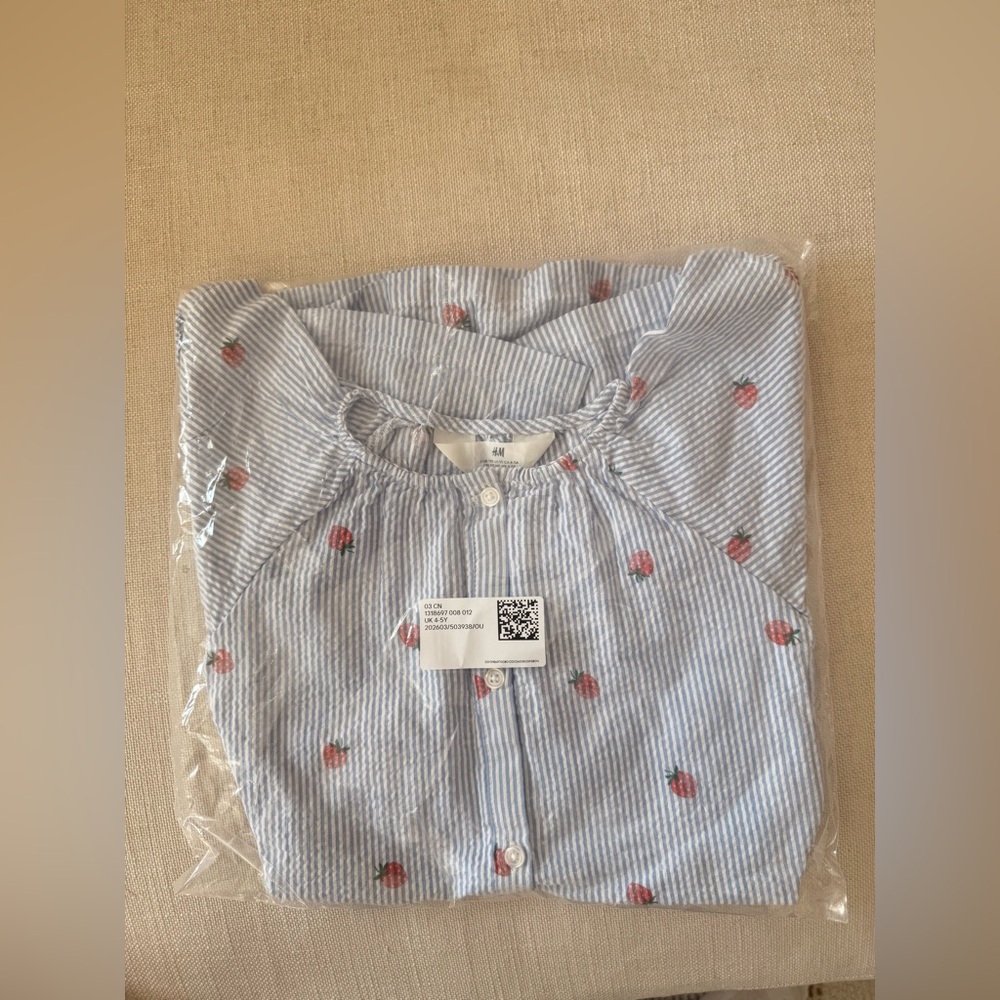 H&M girls size 5T (4-5Y) Light Blue Striped Blouse with Strawberry Details